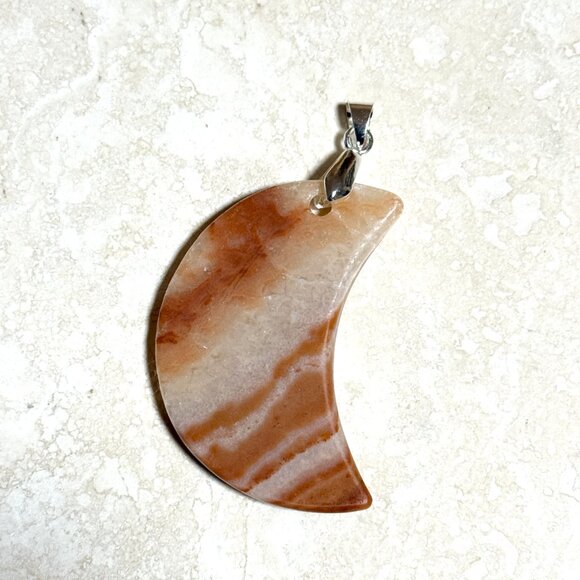 Genuine Orange Banded Agate Pendant,Large Natural Gemstone Crescent Moon Pendant - Picture 3 of 12